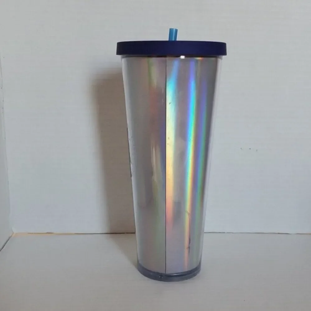 Starbucks Rainbow Iridescent Travel Tumbler Cold Cup 2015 Venti 24 Oz Blue